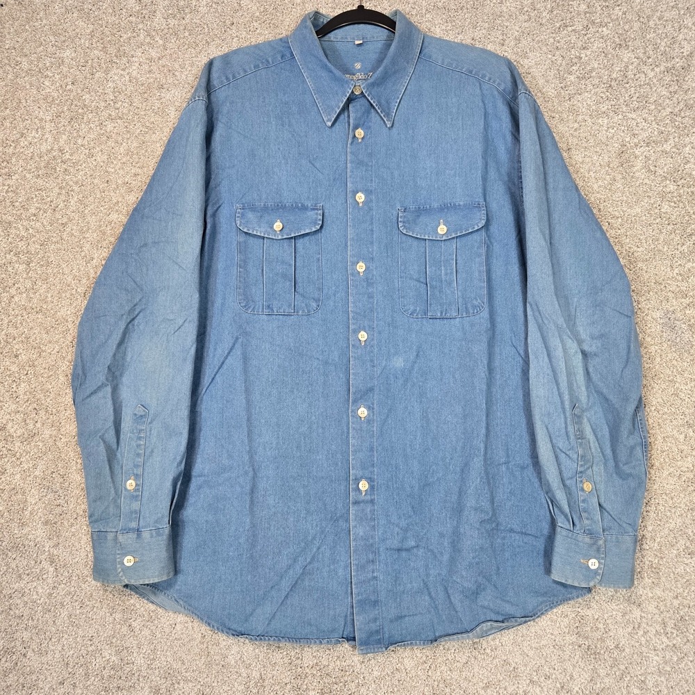 Ermenegildo Zegna Shirt Mens XL Blue Chambray denim distressed vintage